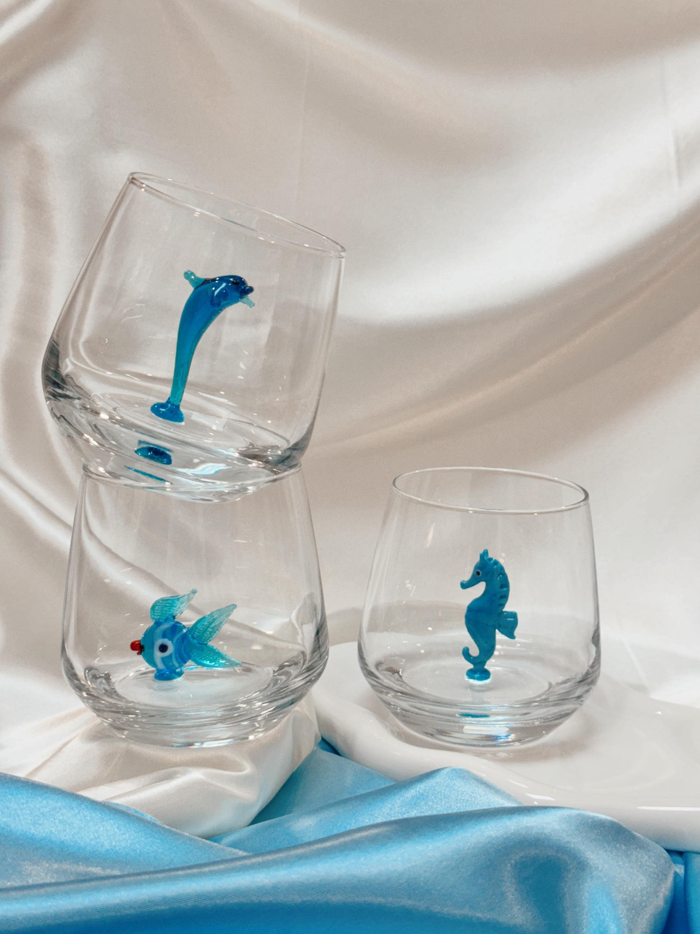 Ocean Figurine Glass Set of 3 Handmade Murano Glass Cups Dolphin, Seahorse Fish Glasses Unique Ocean Lover Gift Coastal Drinkware Set of 3